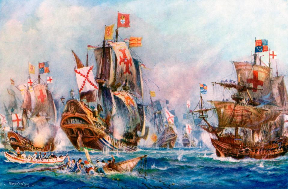 Illustration of the 1588 defeat of the Spanish Armada by Charles De Lacy, showing multiple tall ships with sails and flags engaged in battle on a rough sea, with crew members visible and some men in the water.