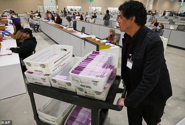 A worker pushes a cart of received mail ballots at the L.A. County Ballot Processing Center Nov. 4, 2025, in City of Industry, California. Trump has, in part, blamed mail-in ballots for his 2020 presidential election loss to Joe Biden