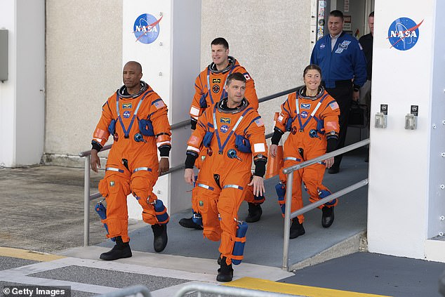 NASA astronauts (left to right) pilot Victor Glover, mission specialist Jeremy Hansen of CSA (Canadian Space Agency), commander Reid Wiseman and mission specialist Christina Koch