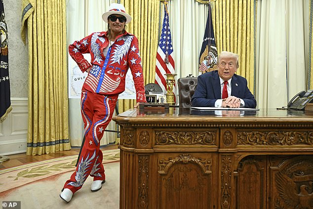 Speaking at the Oval Office on Tuesday, Trump suggested maybe the crews shouldn't have done it before adding, 'I like Kid Rock, maybe they were trying to defend him, I don't know'