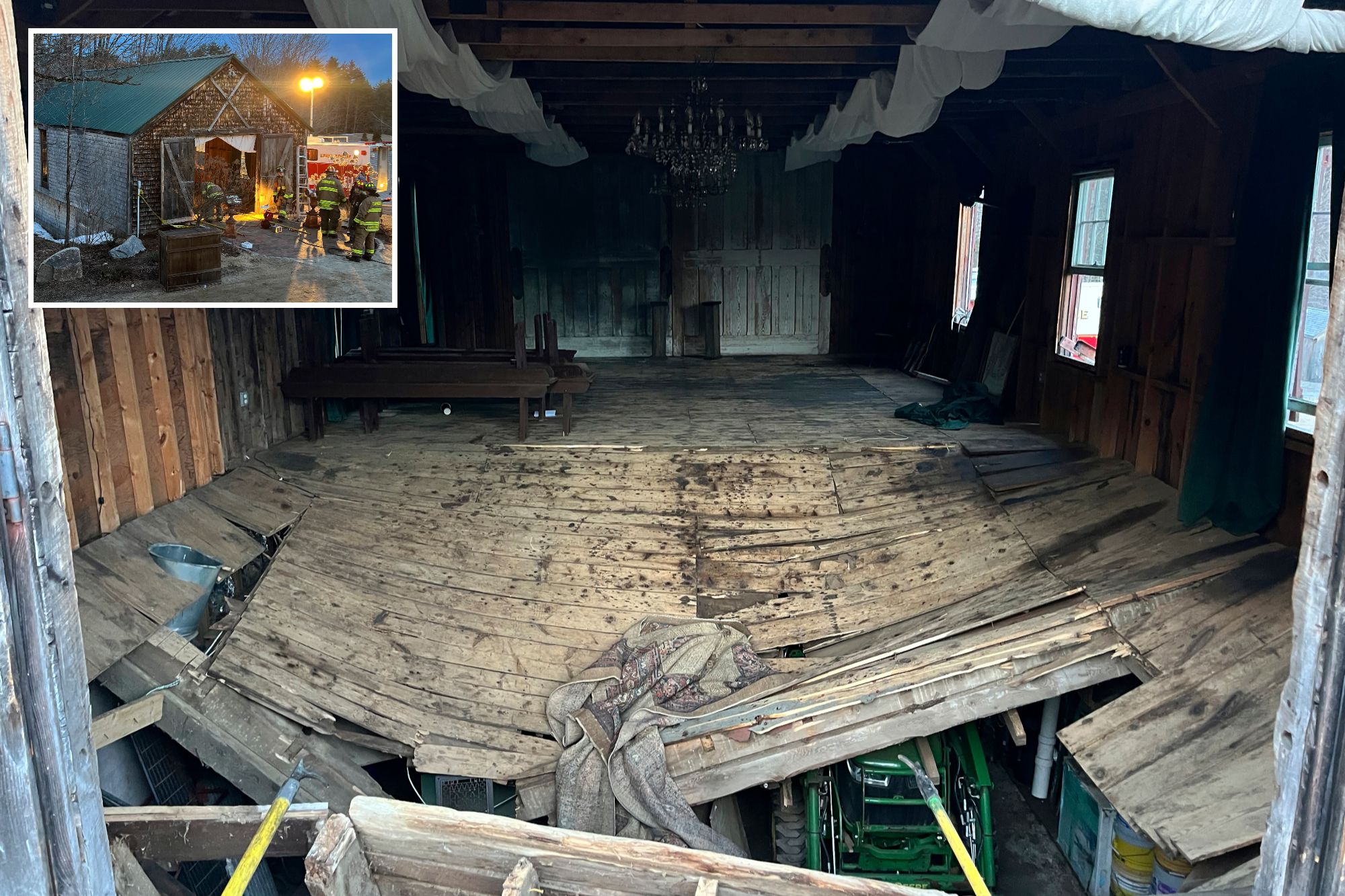 An image collage containing 2 images, Image 1 shows A wooden floor buckled in the middle and collapsed into a basement, Image 2 shows Firefighters investigate a building in Tamworth, New Hampshire after a floor collapse