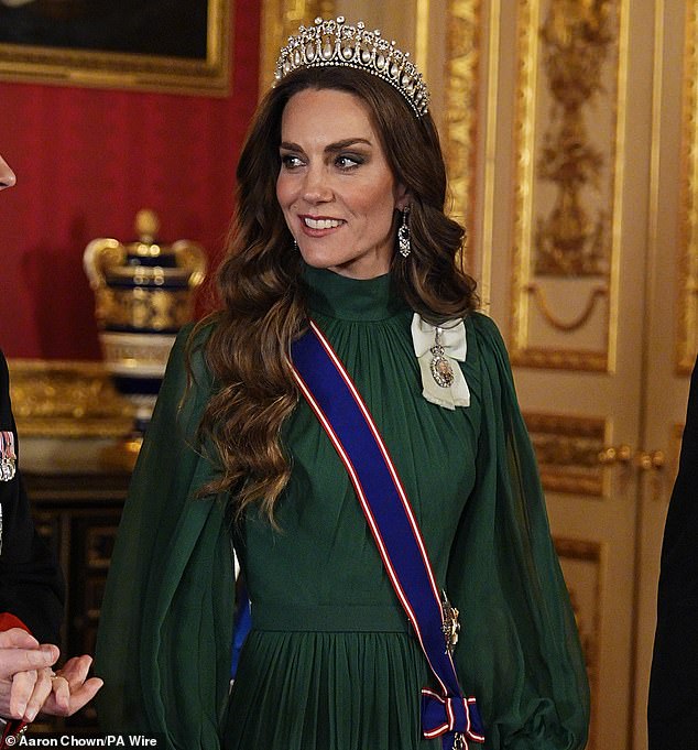 The Princess of Wales dazzled in a green evening gown by Andrew Gn with her favourite Lover's Knot Tiara and earrings belong to Queen Elizabeth II