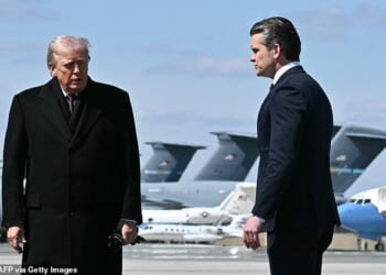 President Donald Trump and Secretary of War Pete Hegseth arrive for the dignified transfer of six US military members killed on a refueling plan in a mid-air crash over western Iraq last week
