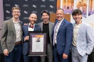 Dr. Phil Schubert with Tim Holt and Dude Perfect coworkers, including Cory Cotton and Coby Cotton.