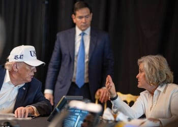 Donald Trump talks to chief of staff Susie Wiles as Secretary of State Marco Rubio listens. His ‘it’s all going swimmingly’ schtick is becoming hard to bear, says Andrew Neil