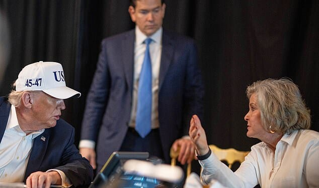 Donald Trump talks to chief of staff Susie Wiles as Secretary of State Marco Rubio listens. His ‘it’s all going swimmingly’ schtick is becoming hard to bear, says Andrew Neil