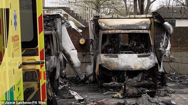 The burnt out remains of Hatzola ambulances after they were firebombed in Golders Green