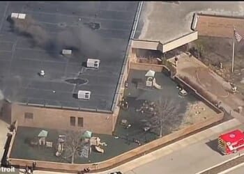 Officers responded to the synagogue, seen here, on Thursday with smoke seen coming out of the roof and a side door