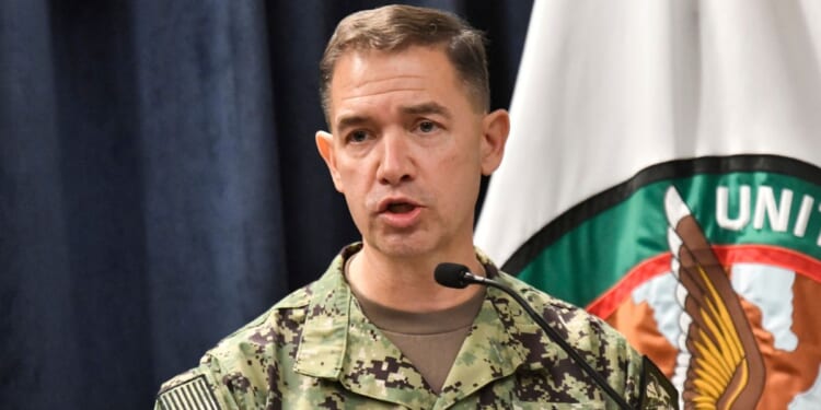 Admiral Charles Bradford "Brad" Cooper II, Commander of U.S. Central Command, speaks at a news conference at U.S. Central Command headquarters at MacDill Air Force Base in Tampa, Florida, on March 5, 2026.