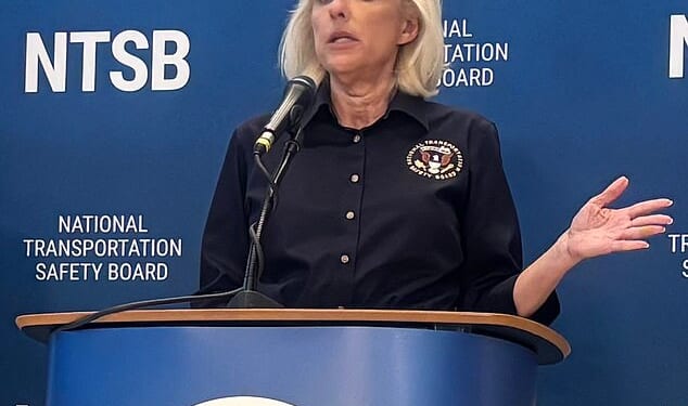The air traffic controller who sent a fire truck into the path of the Air Canada plane at LaGuardia Airport on Sunday was 'still on duty for several minutes' after the crash, NTSB boss Jennifer Homendy said at a press conference Tuesday (pictured)