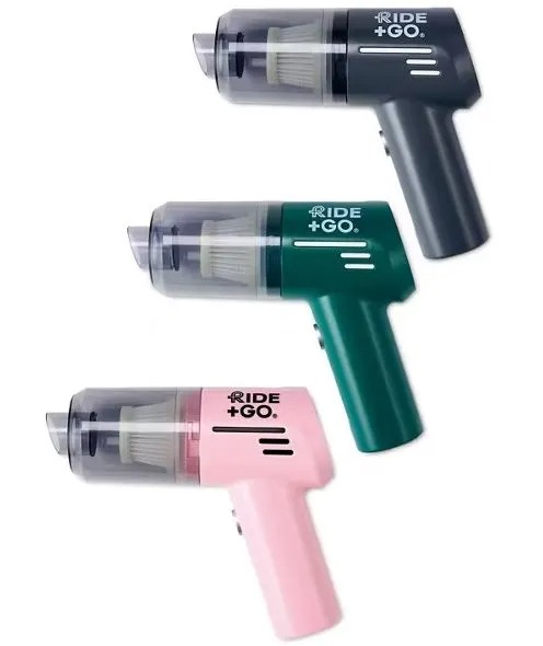 Three "Ride + Go" cordless car vacuums in gray, green, and pink.