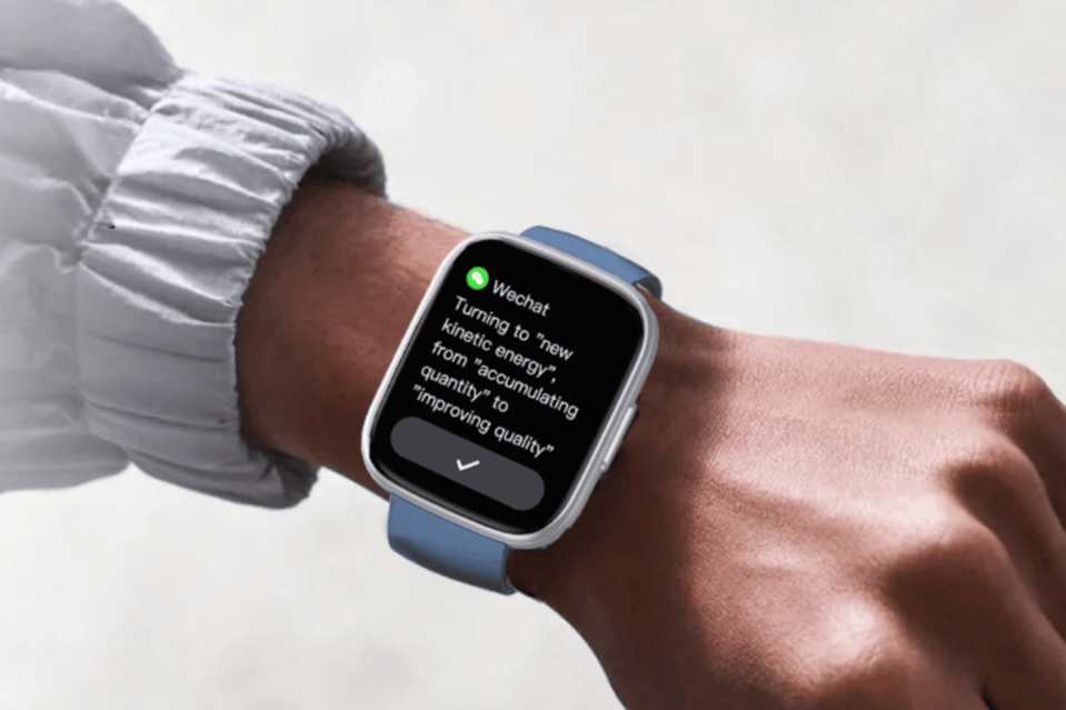A smartwatch displaying a WeChat notification with the text: "Turning to 'new kinetic energy', from 'accumulating quantity' to 'improving quality'".