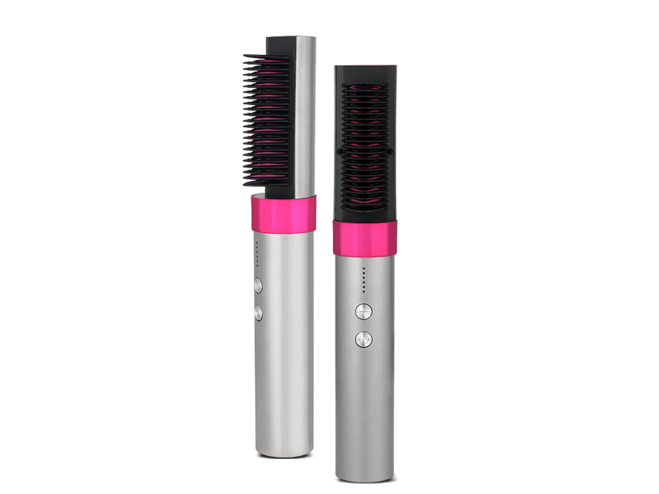 Two hair styling tools with hot pink accents and silver handles, one with bristles extended and the other with bristles retracted.