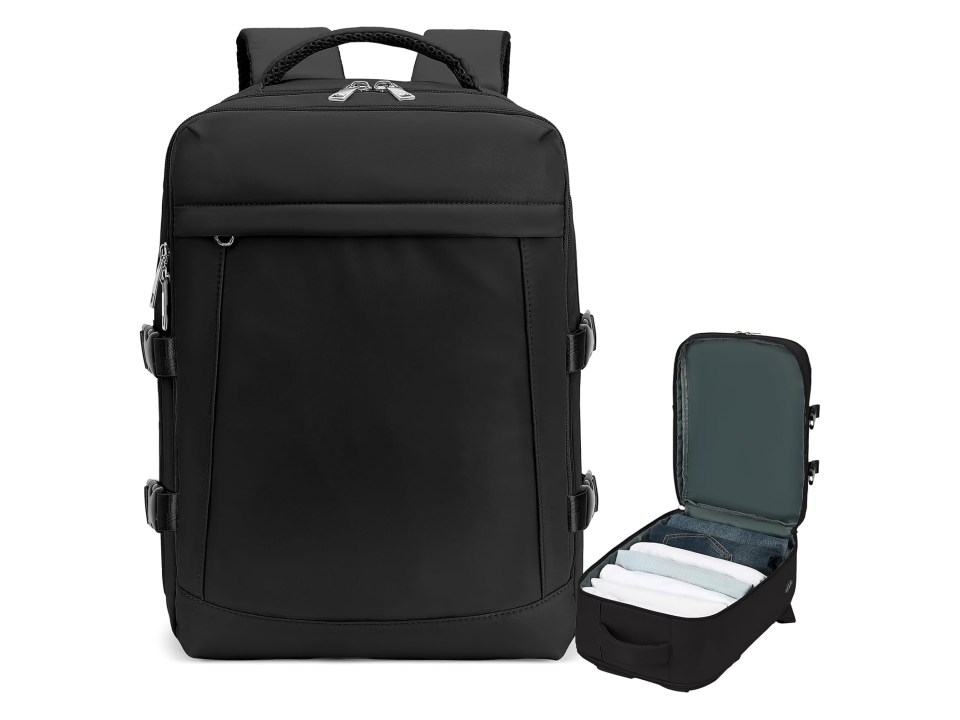 Black backpack next to an open suitcase filled with clothes.