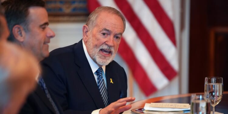 U.S. Ambassador to Israel Mike Huckabee speaks as President Donald Trump hosts Israeli Prime Minister Benjamin Netanyahu for a dinner at the White House in Washington, DC on July 7, 2025.