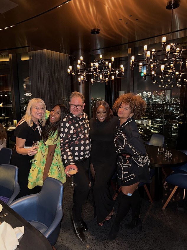 The CBBC icon, who looked incredible as she entered her sixth decade, hosted the midweek party at Solaya in the five-star Art'otel in Hoxton, east London (pictured Nicki Chapman, Angellica Bell, Alan Carr, Judi Love and Fleur East)