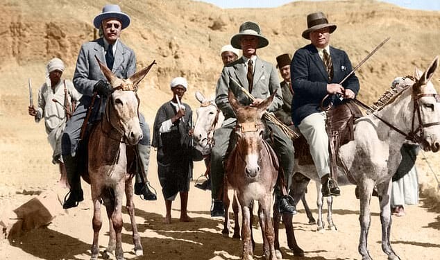 Daily Mail journalist Arthur Weigall (right) travels to Tutankhamun's tomb in February 1923, alongside Sir Louis Mallet (left) of the Foreign Office and politician Sir Philip Sassoon (centre)