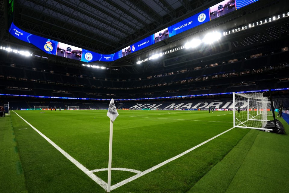 View of the stadium in preparation for the Real Madrid vs Manchester City UEFA Champions League match.