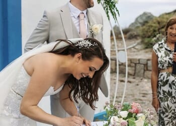 Going to the (Greek) chapel! Janine Johnson, 39, and her husband Mark, from Telford, paid £3,929 for their destination wedding on the island of Kos last year
