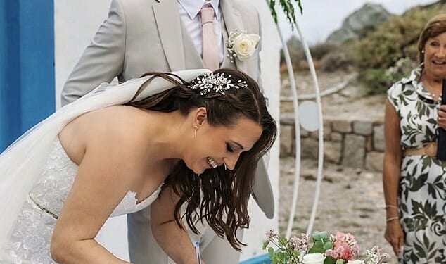 Going to the (Greek) chapel! Janine Johnson, 39, and her husband Mark, from Telford, paid £3,929 for their destination wedding on the island of Kos last year