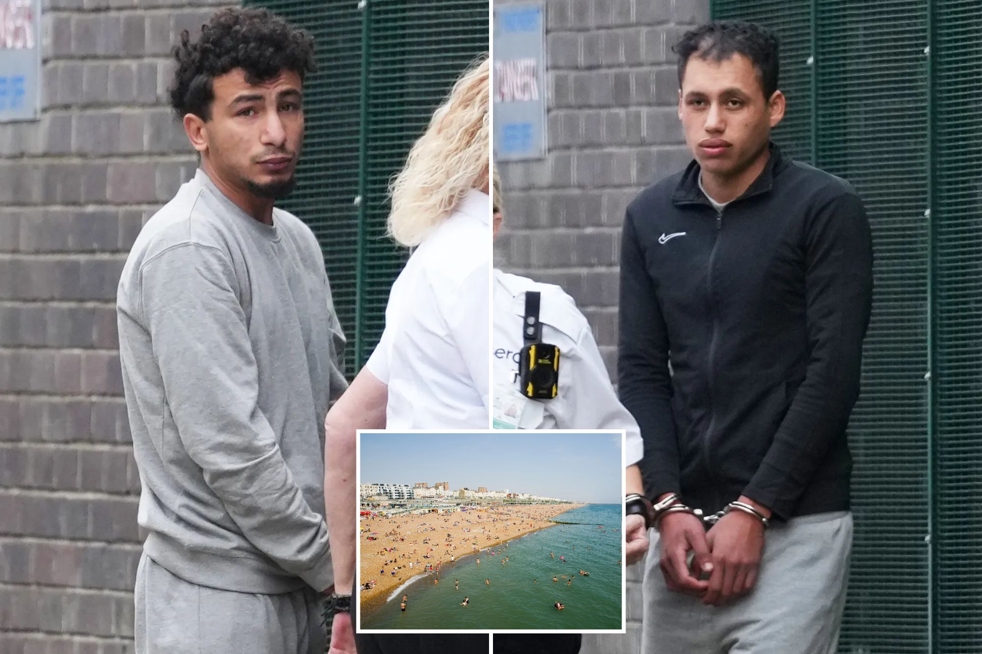 An image collage containing 3 images, Image 1 shows Ibrahim Alshafe, wearing a gray tracksuit, being escorted by an officer, Image 2 shows Karin Al-Danasurt handcuffed next to a police officer, Image 3 shows Crowded Brighton beach with people swimming and sunbathing