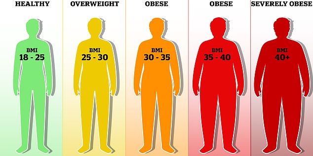 Under the BMI system, a score of 18.5 to 25 is healthy. A score of 25 to 29 counts as overweight, and 30-plus means a person is obese, the stage at which chances of illness rocket