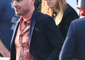 Princess Beatrice (pictured, right) was all smiles as she was seen leaving a swanky bar in London's Notting Hill with her 42-year-old husband Edoardo Mapelli Mozzi (pictured, left)