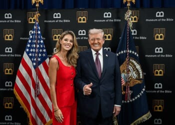 President Donald Trump poses for photos before delivering remarks to the White House Religious Liberty Commission, Monday, September 8, 2025, at the Museum of the Bible in Washington, DC