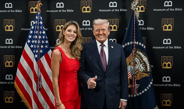 President Donald Trump poses for photos before delivering remarks to the White House Religious Liberty Commission, Monday, September 8, 2025, at the Museum of the Bible in Washington, DC