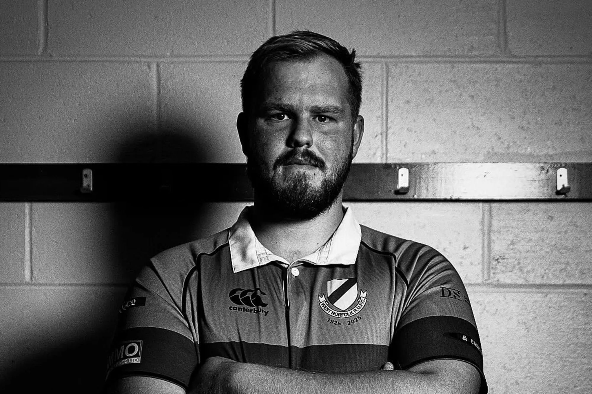 An image collage containing 1 images, Image 1 shows Black and white photo of West Norfolk Rugby Club player Will Allen