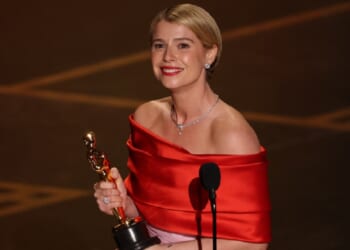 Irish actress Jessie Buckley accepts the award for Best Actress in a Leading Role for "Hamnet" onstage at the Dolby Theatre in Hollywood on Sunday.