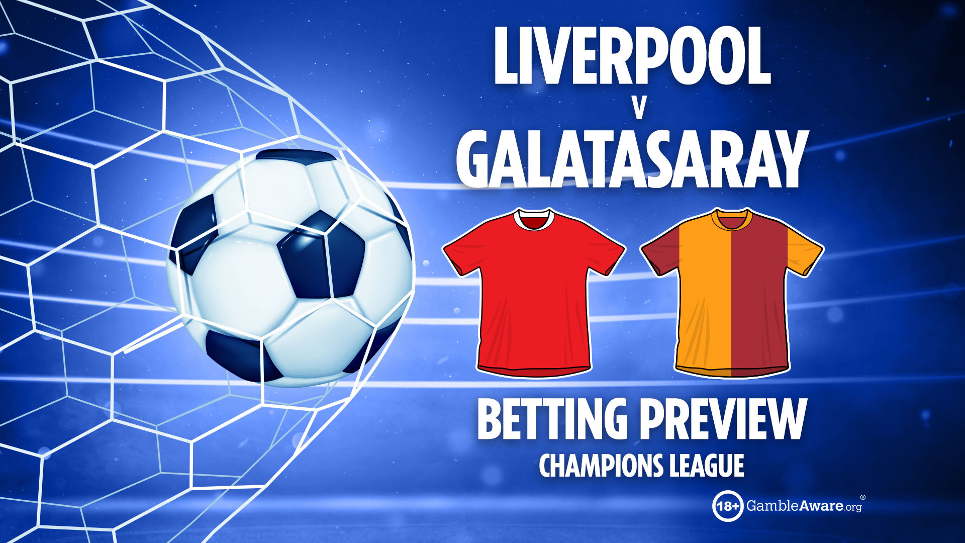 Illustration for a Liverpool vs. Galatasaray Champions League betting preview, featuring a soccer ball in a goal and team jerseys.