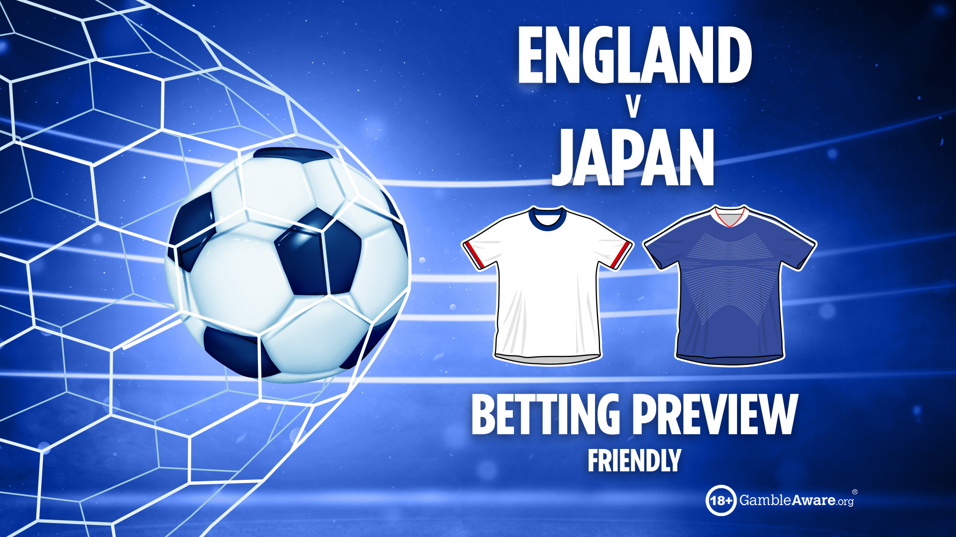 Illustration of an England vs. Japan football betting preview with a soccer ball in a net and two team shirts.