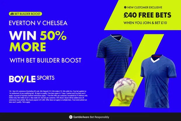 Illustration of an advertisement for BoyleSports Bet Builder Boost with Everton and Chelsea jerseys, a soccer ball, and text promoting 50% more winnings and £40 free bets.