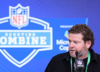General manager John Schneider of the Seattle Seahawks speaks to the media during the 2026 NFL Scouting Combine at Lucas Oil Stadium on Feb. 24, 2026, in Indianapolis, Indiana.