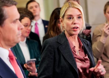 Attorney General Pam Bondi speaks with the media Wednesday at the Capitol in Washington, D.C. Bondi and Deputy Attorney General Todd Blanche provided members of the House Committee on Oversight and Government Reform with a private briefing regarding the Epstein files, but Democrats stormed out when they discovered there were no TV cameras present.