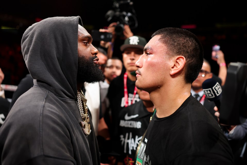Jaron Ennis and Vergil Ortiz Jr. face off intently before their fight.