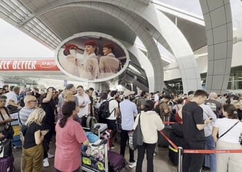 British holidaymakers are still stuck abroad two weeks since the war began. Pictured: Dubai airport earlier this month
