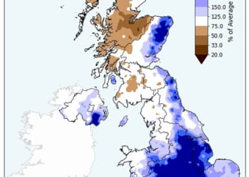 Across the entire UK, February was 23 per cent wetter than average, although the pictured varied regionally