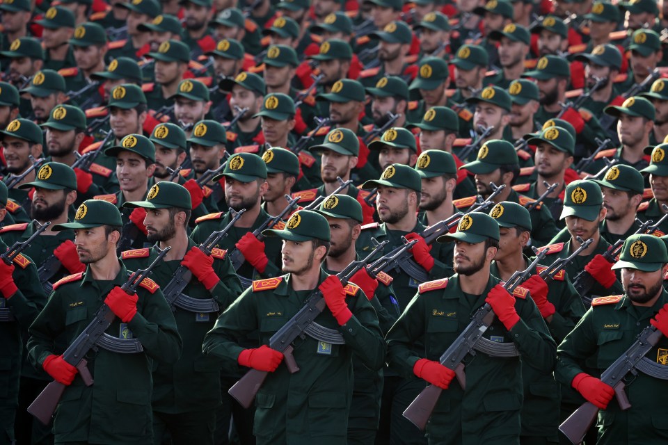 Iranian Revolutionary Guard Corps soldiers in formation during an annual military parade in Tehran.