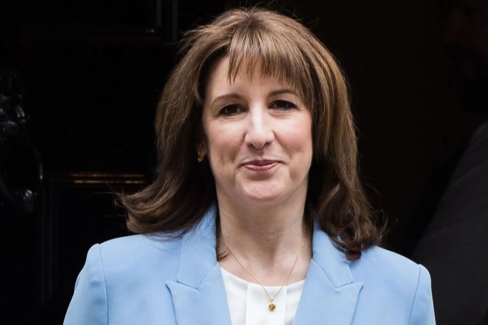 An image collage containing 1 images, Image 1 shows Rachel Reeves in a light blue suit and a white shirt with a red folder in her arm, leaving 11 Downing Street