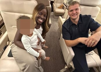 Samuel Leeds with his wife Amanda and their children on a private jet. Leeds, who sells controversial get-rich-quick training courses online, shared videos from aboard a jet as he headed for Heathrow - while insisting the missile-hit Dubai was 'not even dangerous'