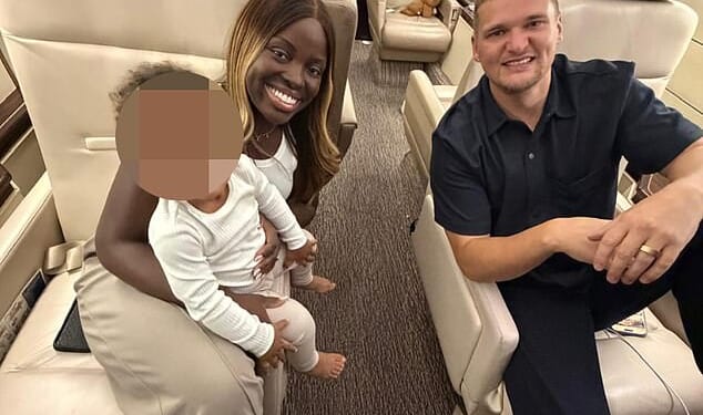 Samuel Leeds with his wife Amanda and their children on a private jet. Leeds, who sells controversial get-rich-quick training courses online, shared videos from aboard a jet as he headed for Heathrow - while insisting the missile-hit Dubai was 'not even dangerous'