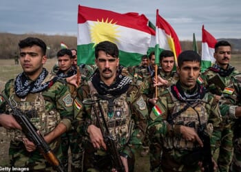 Kurdish Peshmerga fighters train on January 18, 2026 near Erbil, Iraq