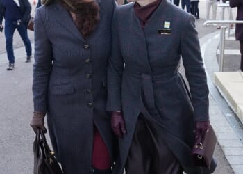 Carole Middleton, 71, and Zara Tindall, 44, were twinning in nearly-identical grey coats as they arrived for Ladies Day at Cheltenham