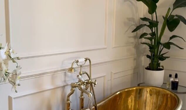 Millie Mackintosh's extensive renovation of her £5million home includes a large, sprawling bathroom fit with high ceilings, a copper bath tub and a spot of greenery
