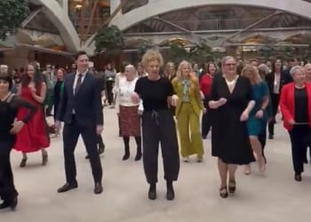 Strictly Come Dancing stars Angela Rippon and Alex Kingston led more than 40 MPs in a 'cha-cha-cha' across Westminster's Portcullis House