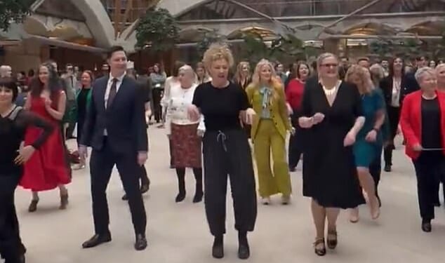 Strictly Come Dancing stars Angela Rippon and Alex Kingston led more than 40 MPs in a 'cha-cha-cha' across Westminster's Portcullis House