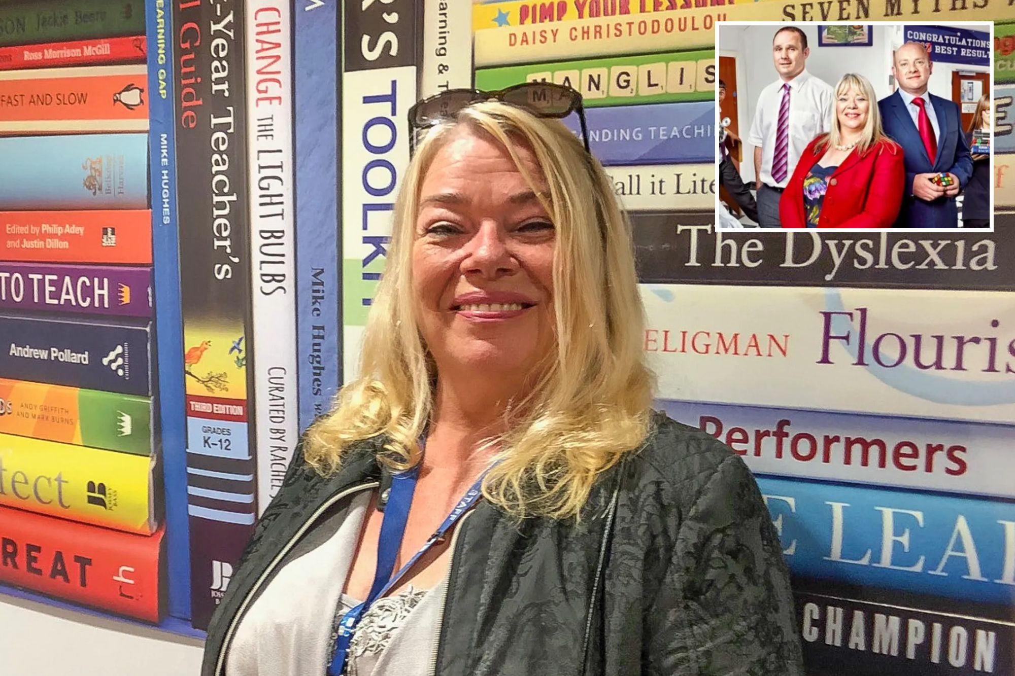 An image collage containing 2 images, Image 1 shows Joy Ballard, a headteacher, smiles in a room with educational book posters on the wall, Image 2 shows Teachers and students in a school hallway