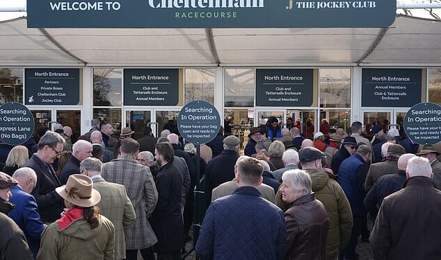 Racegoers at the entrance on day one of the 2026 Cheltenham Festival at Cheltenham Racecourse. Picture date: Tuesday March 10, 2026. PA Photo. Photo credit should read: Andrew Matthews/PA Wire.RESTRICTIONS: Use subject to restrictions. Editorial use only, no commercial use without prior consent from rights holder.